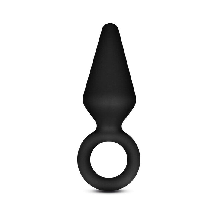 Small black silicone anal plug with tapered tip and circular loop base for easy removal.