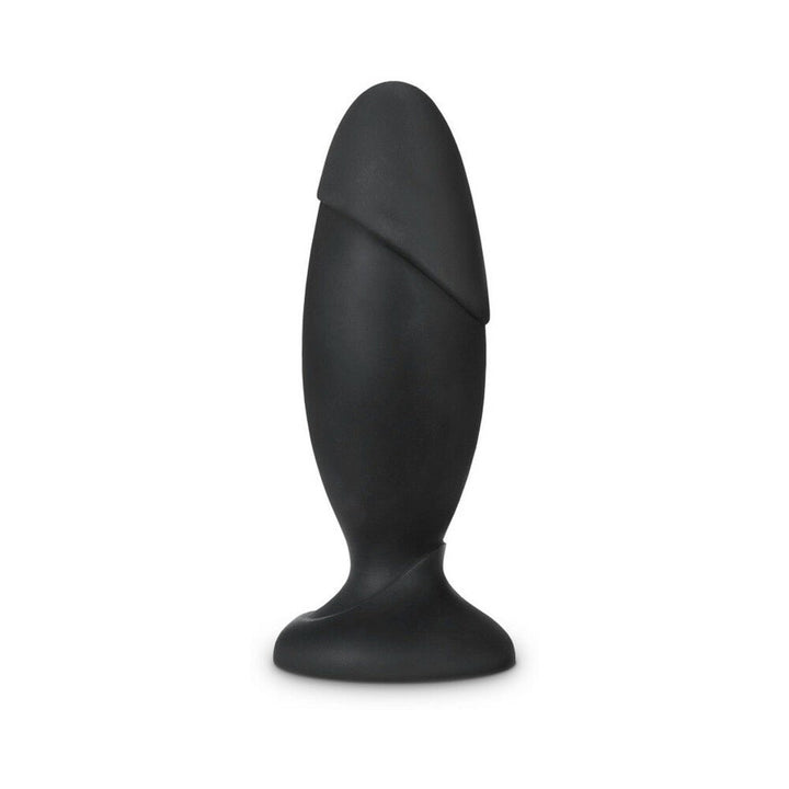 Black silicone anal plug with a tapered, ridged design and a flared base for comfort and safety.