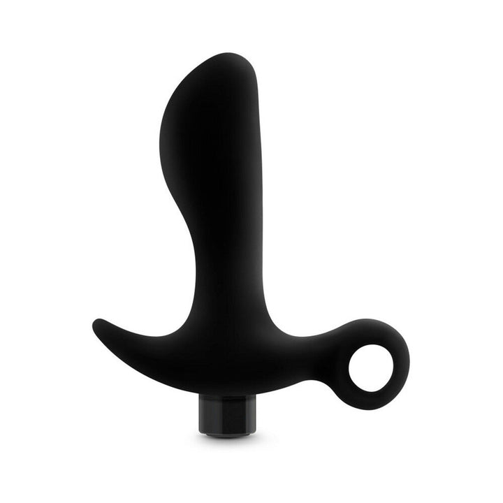 Black silicone prostate massager with curved design and ring handle, featuring a detachable vibrating bullet.