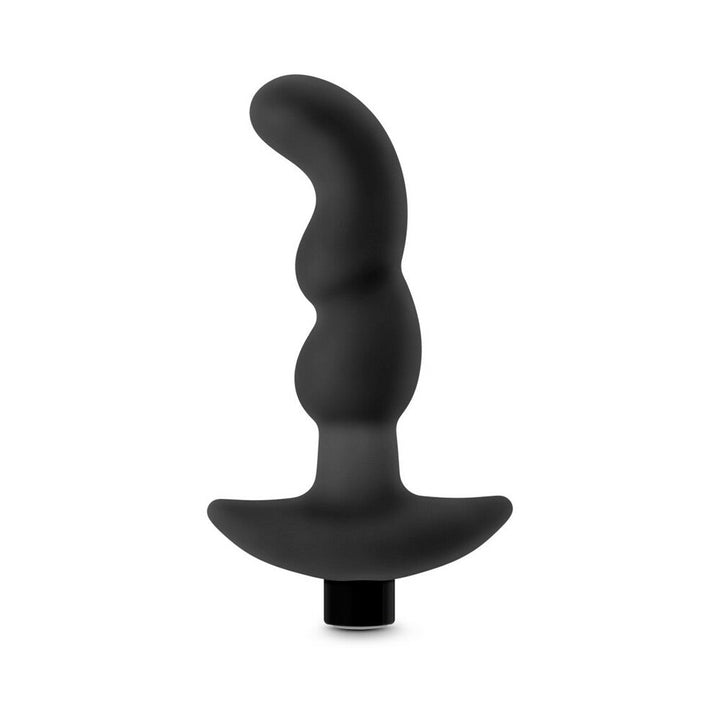 Black silicone prostate massager with curved, textured design and wide base for secure use.