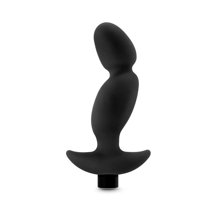 Black silicone prostate massager with ergonomic curved design and wide base for secure use.