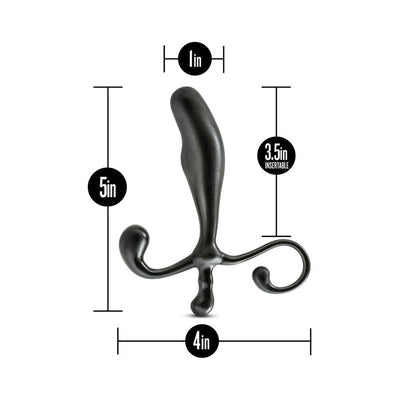 Black prostate stimulator with curved design and ergonomic base, showing dimensions of 5 inches height and 1 inch width.