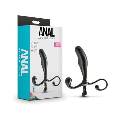 Blush Anal Adventures prostate stimulator in black with ergonomic curved design next to its white and teal packaging.