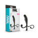 Blush Anal Adventures prostate stimulator in black with ergonomic curved design next to its white and teal packaging.