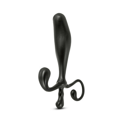 Black ergonomic prostate stimulator with curved arms and smooth finish designed for targeted internal and external stimulation.
