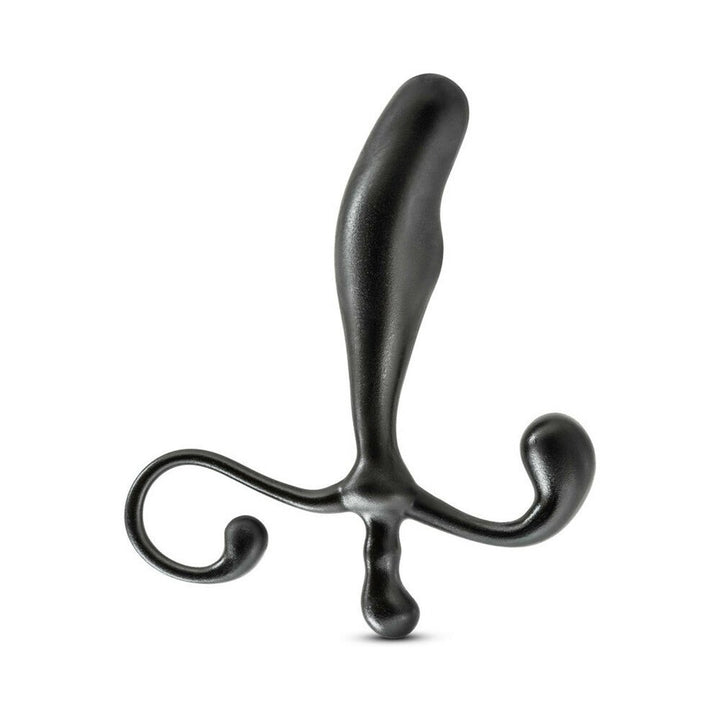 Black ergonomic prostate stimulator with curved arms and smooth finish for targeted internal and external stimulation.