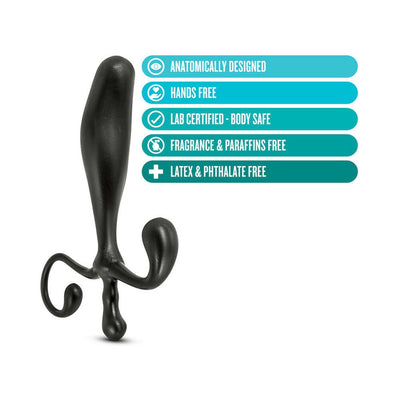 Black anatomically designed prostate stimulator with hands-free design and body-safe, latex-free material features.