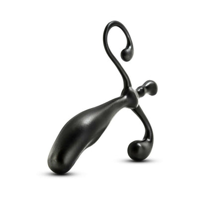 Black ergonomic prostate stimulator with curved arms and smooth finish for targeted internal and external stimulation.