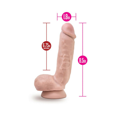 Beige realistic dildo with suction base, 8.5 inches length and 1.8 inches diameter, detailed veiny texture and plush balls.