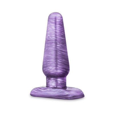Medium-sized purple swirled butt plug with a wide base for safe and comfortable use.