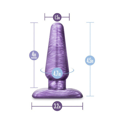 Medium-sized purple swirled butt plug with measurements for height, girth, insertable length, and base width.