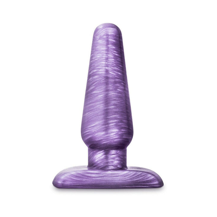 Medium-sized purple swirled butt plug with a wide base for safe and comfortable use.