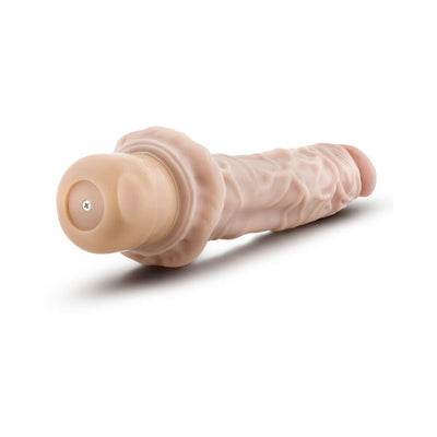 Beige realistic textured vibrator with adjustable twist dial base, 9.75 inches long, designed for versatile and waterproof use.