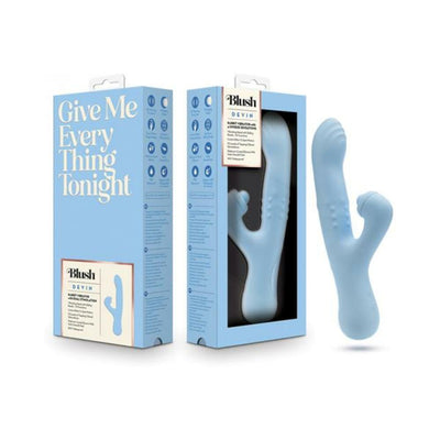 Blush Devin Blue dual-stimulation vibrator with sliding beads and curved design, shown with light blue packaging.