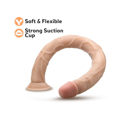 Beige 19-inch flexible dildo with suction cup base, showing realistic texture and soft tip.