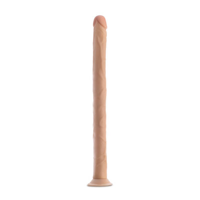 Beige 19-inch realistic dildo with suction cup base standing upright on white background