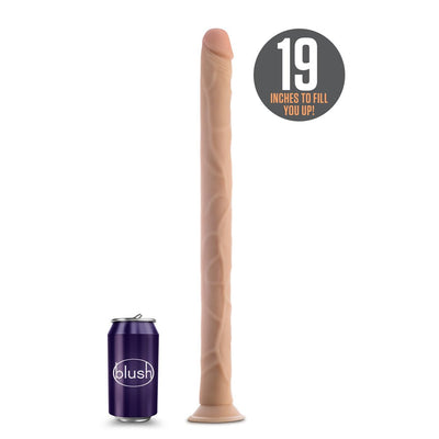 Beige 19-inch realistic dildo with suction cup base next to a soda can for size comparison.