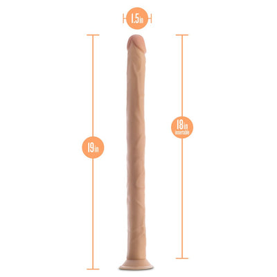 Beige 19-inch realistic dildo with suction cup base, 1.5-inch diameter, 18-inch insertable length, detailed texture.