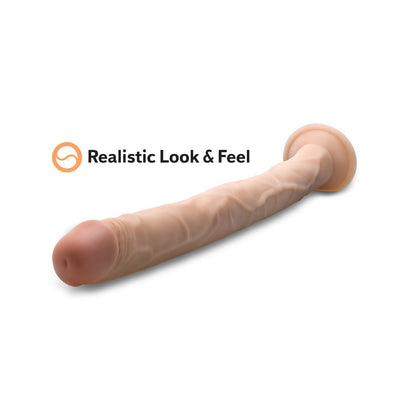 Beige 19-inch realistic dildo with suction cup base displayed on white background with text highlighting realistic look and feel.