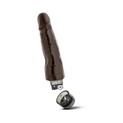 Chocolate-colored realistic vibrator with veined texture and removable battery compartment shown on white background.