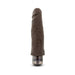 Realistic chocolate-colored multi-speed vibrator with textured veined shaft and twist-dial base on white background.