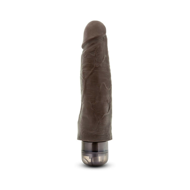 Chocolate-colored realistic vibrator with textured shaft and twist-dial base on white background.