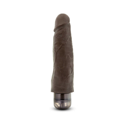 Chocolate-colored realistic vibrator with textured shaft and twist-dial base on white background.