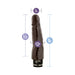 Chocolate-colored realistic vibrator with detailed measurements and multi-speed control base shown on white background.
