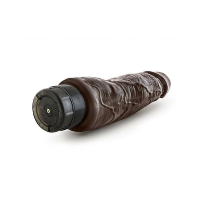 Chocolate-colored realistic vibrator with textured shaft and black twist-dial base for adjustable multi-speed vibrations.