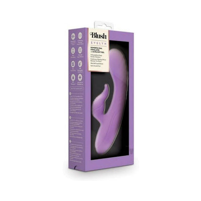 Blush Evelyn Purple dual-stimulator vibrator in sleek packaging with product details and features visible.