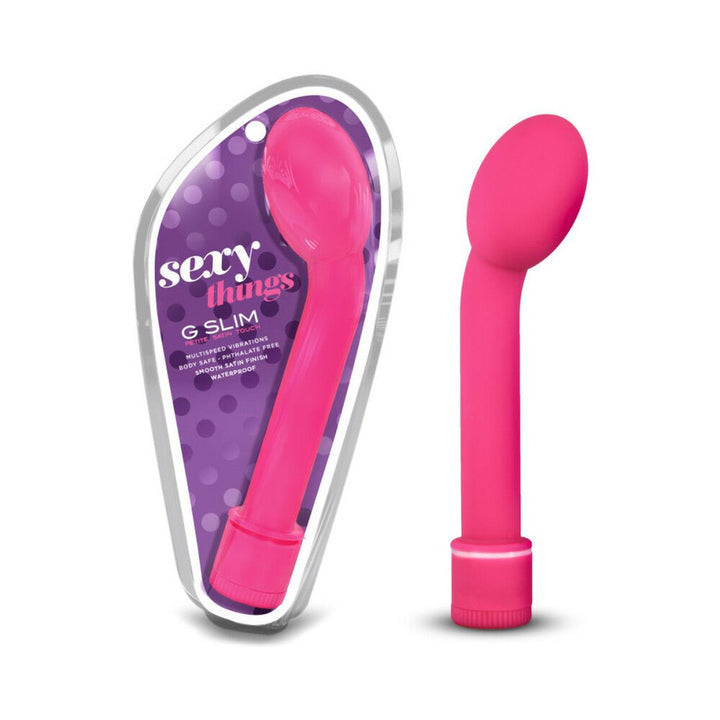 Pink G Slim Petite vibrator with satin finish shown next to its purple polka dot packaging labeled Sexy Things.
