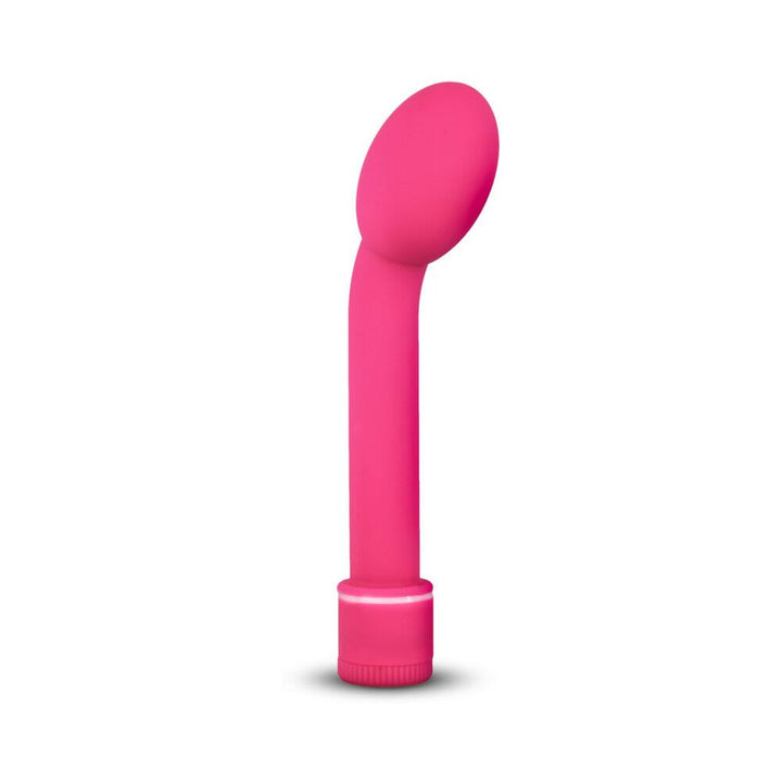 Pink G Slim Petite vibrator with curved bulbous head and satin finish on white background.