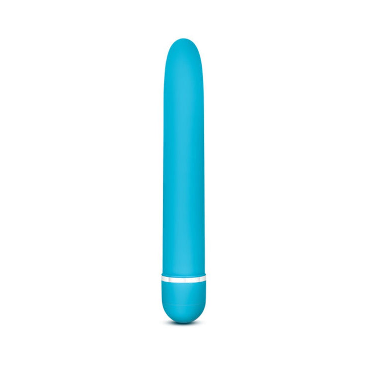Sleek blue satin-finish vibrator with silver accent and twist dial base, 6-inch length, waterproof and quiet operation.