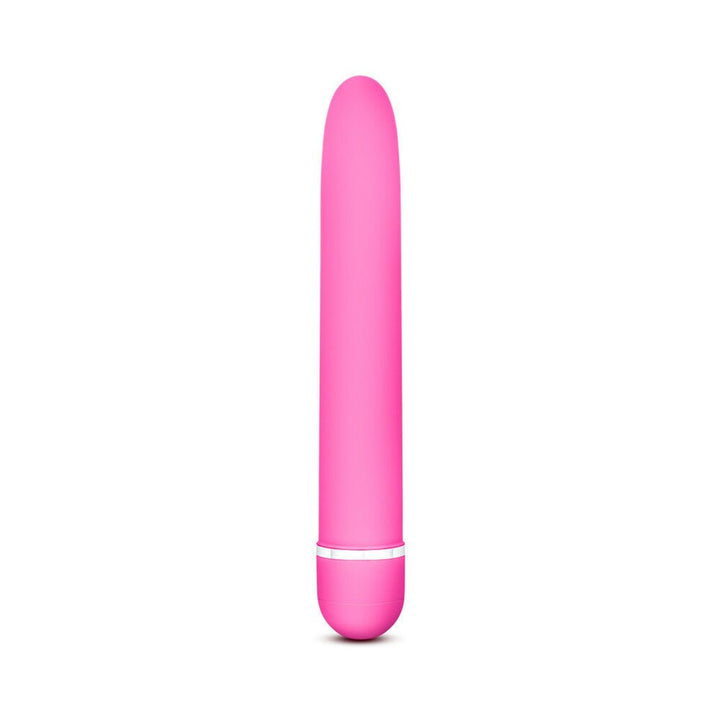 Sleek pink vibrator with smooth satin finish and silver accent ring at the base, standing upright on white background.