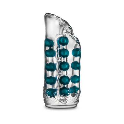 Clear textured male stroker with blue pleasure beads inside and an open-ended design for easy use.