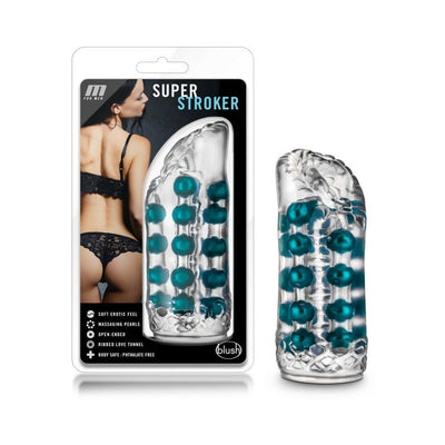 Blush M For Men Super Stroker with clear textured sleeve and blue massage pearls, shown in packaging and outside.