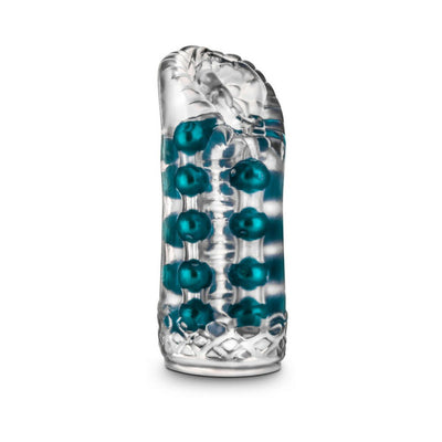Clear textured male stroker with teal pleasure beads inside and an open-ended design for easy use.