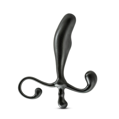 Black ergonomic prostate massager with curved design and multiple stimulation points for targeted pleasure.