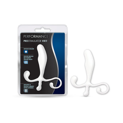 White Blush Performance Prostimulator VX1 prostate massager with ergonomic curved design and flexible handles shown with packaging.
