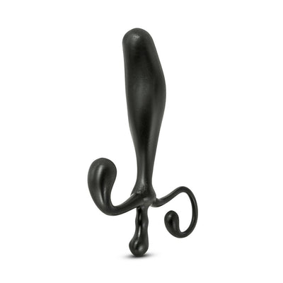 Black ergonomic prostate massager with curved arms and smooth textured surface for targeted stimulation.