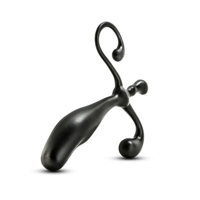 Black ergonomic prostate massager with curved arms and smooth, rounded tips for targeted stimulation.