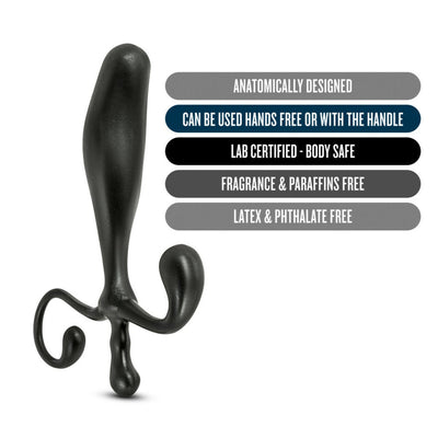 Black anatomically designed prostate massager with curved handle, hypoallergenic and body-safe materials, hands-free or manual use.
