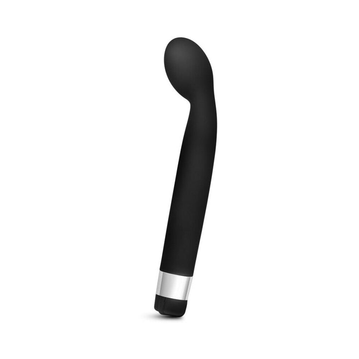 Sleek black G-spot vibrator with curved tip and silver accent base, smooth satin finish.