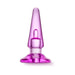 Translucent purple tapered anal plug with flared base designed for beginner comfort and secure fit.