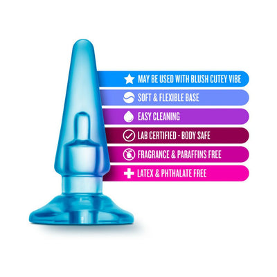 Blue Blush B Yours Basic Anal Plug with soft flexible base and key features listed beside it on a white background.