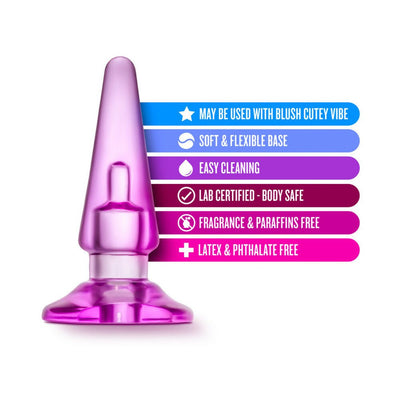 Translucent pink anal plug with soft flexible base and icons highlighting features like body safe, easy cleaning, and compatibility with Blush Cutey Vibe.