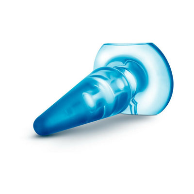 Blue translucent basic anal plug with flared base designed for beginner comfort and secure fit.