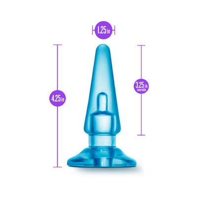Blue tapered anal plug with flared base, measuring 4.25 inches long and 1.25 inches wide, designed for beginner use.