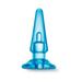 Blue tapered basic anal plug with wide base and smooth finish designed for beginner comfort.