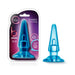 Blue tapered basic anal plug with flared base, shown packaged and unpackaged for beginner comfort and easy use.